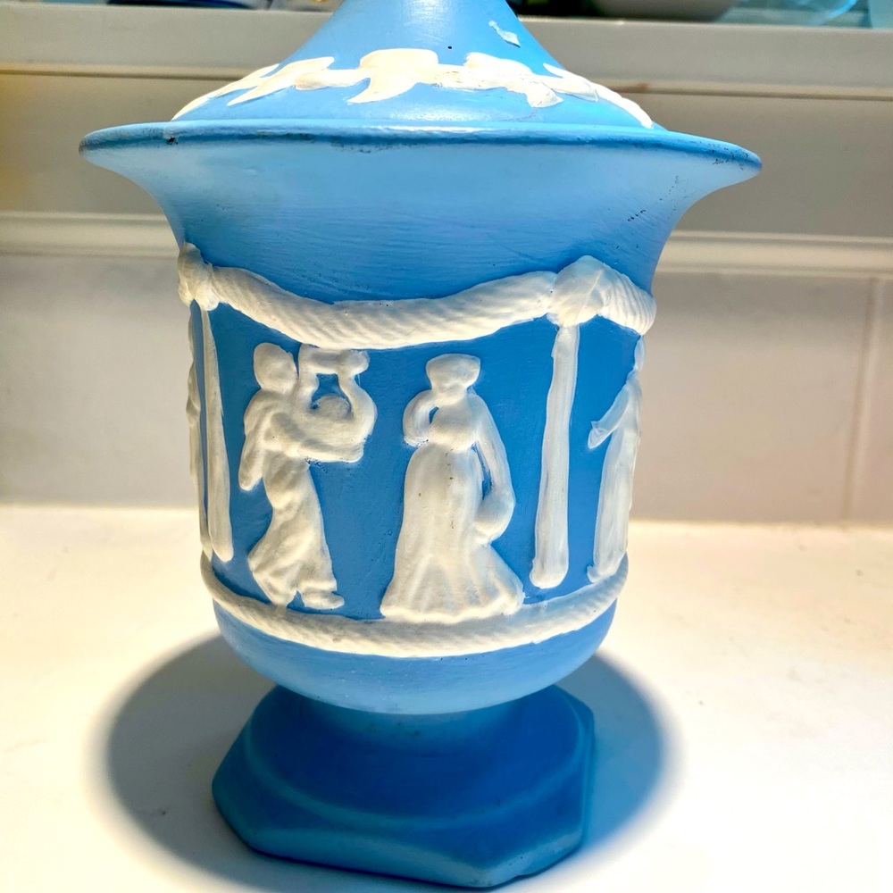 Greek style wedgewood blue vase with lid